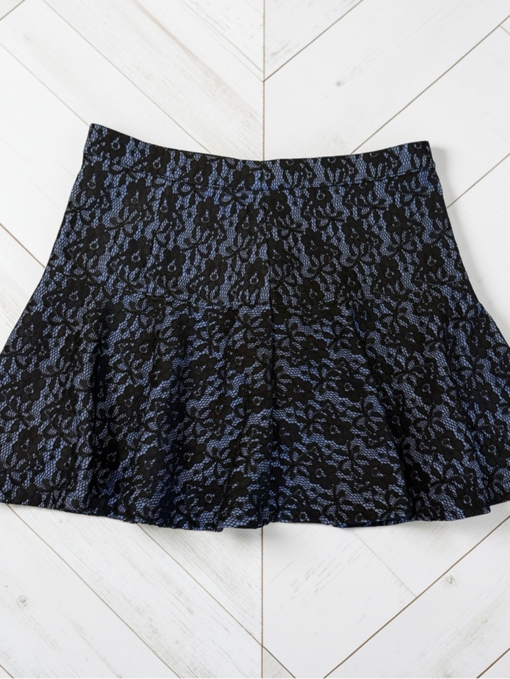 Forever 21 Lace Mini Skirt Blue Black Flare Skater Size M
